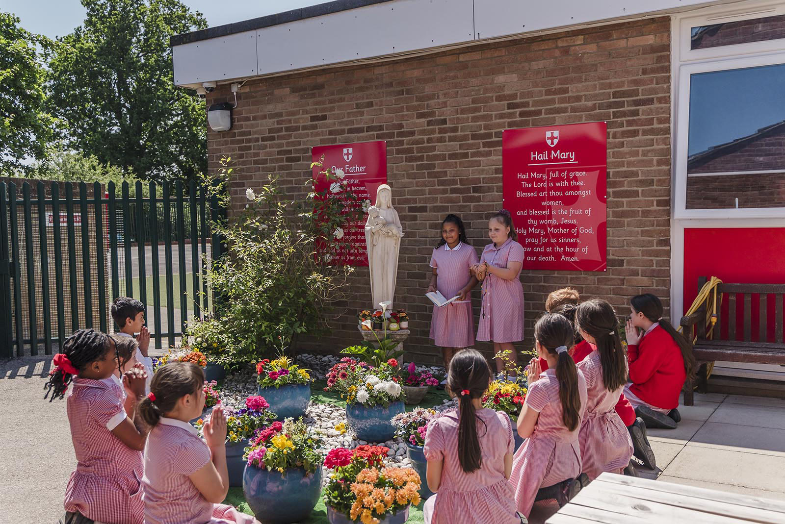 Pupils outside St Robert Southwell Catholic Primary School